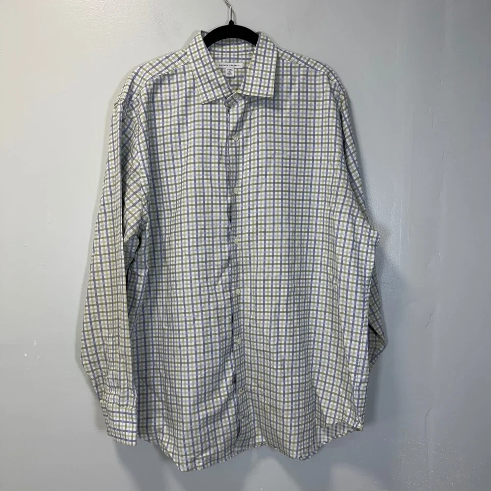 Banana Republic Mens XL Long Sleeve Button Down Shirt Plaid Blue Green White